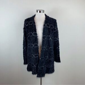 Alfani Black White Geometric Fuzzy Soft Open Front Cardigan Sweater Women Large
